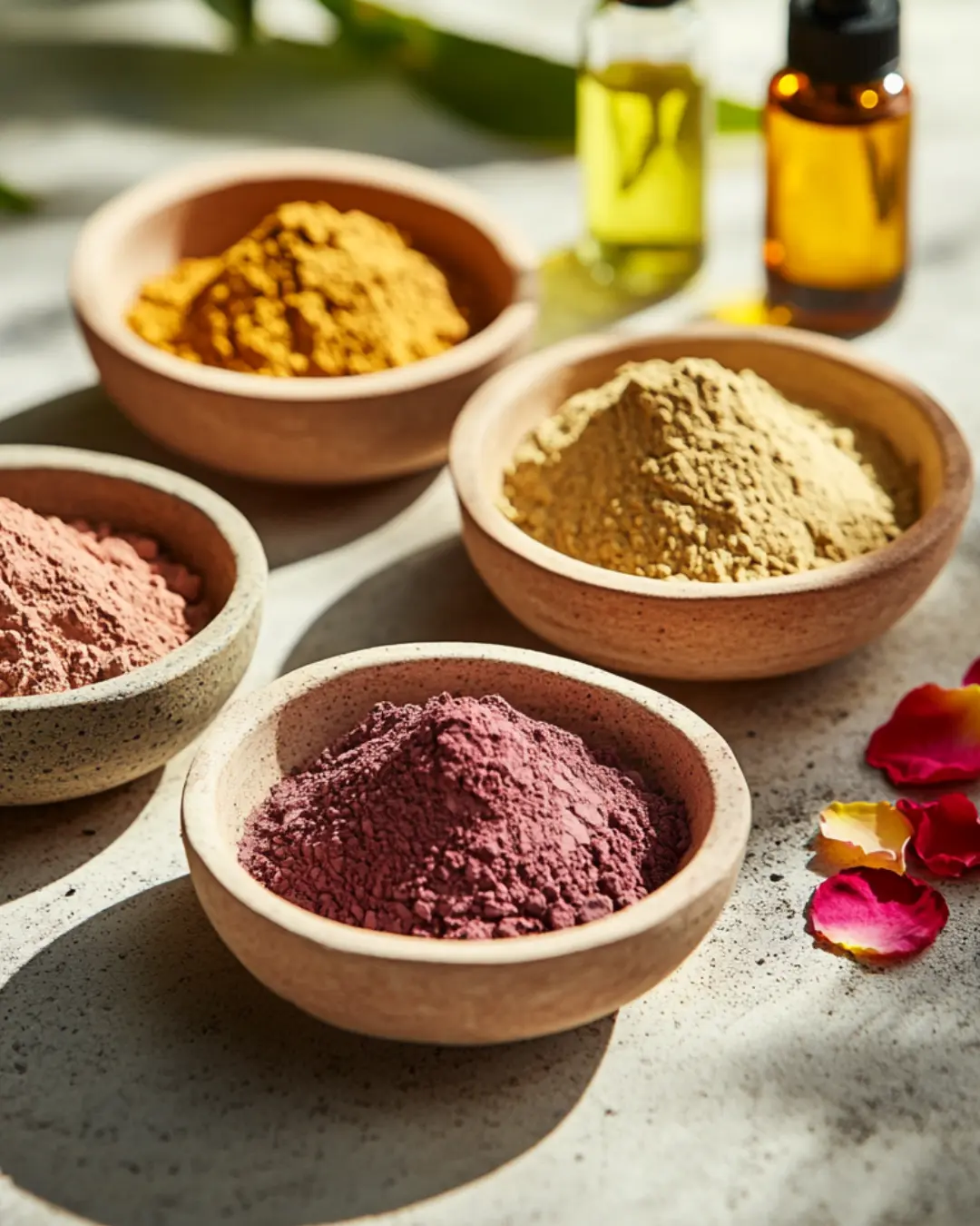 Vibrantly coloured clay powders in bowls on table in dappled light, showcasing professional styling and product photography, work by Totally Digital Agency Auckland for client Shopify Marketing