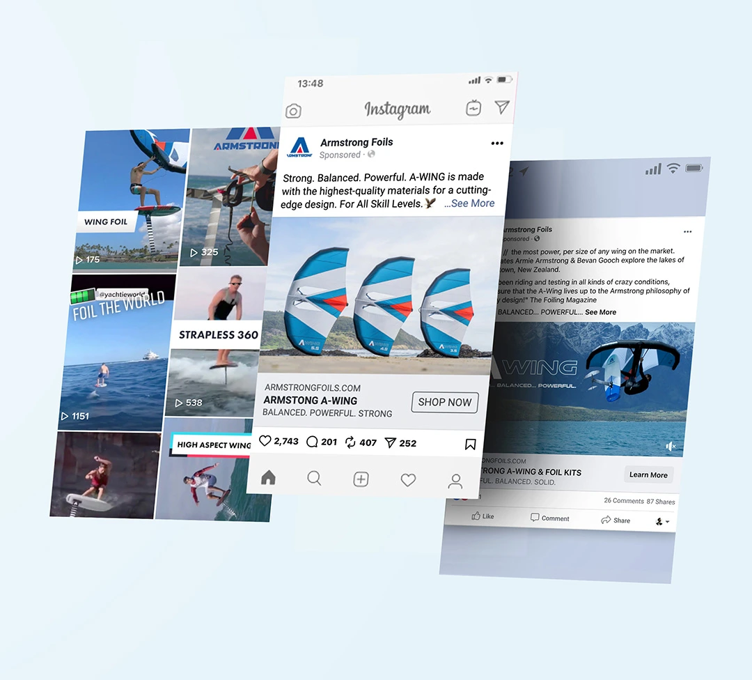 Social Media Advertising on different screens, showing ocean sportsman on Paid social ads, facebook ads, tik tok ads totally digital memorable and impactful campaigns