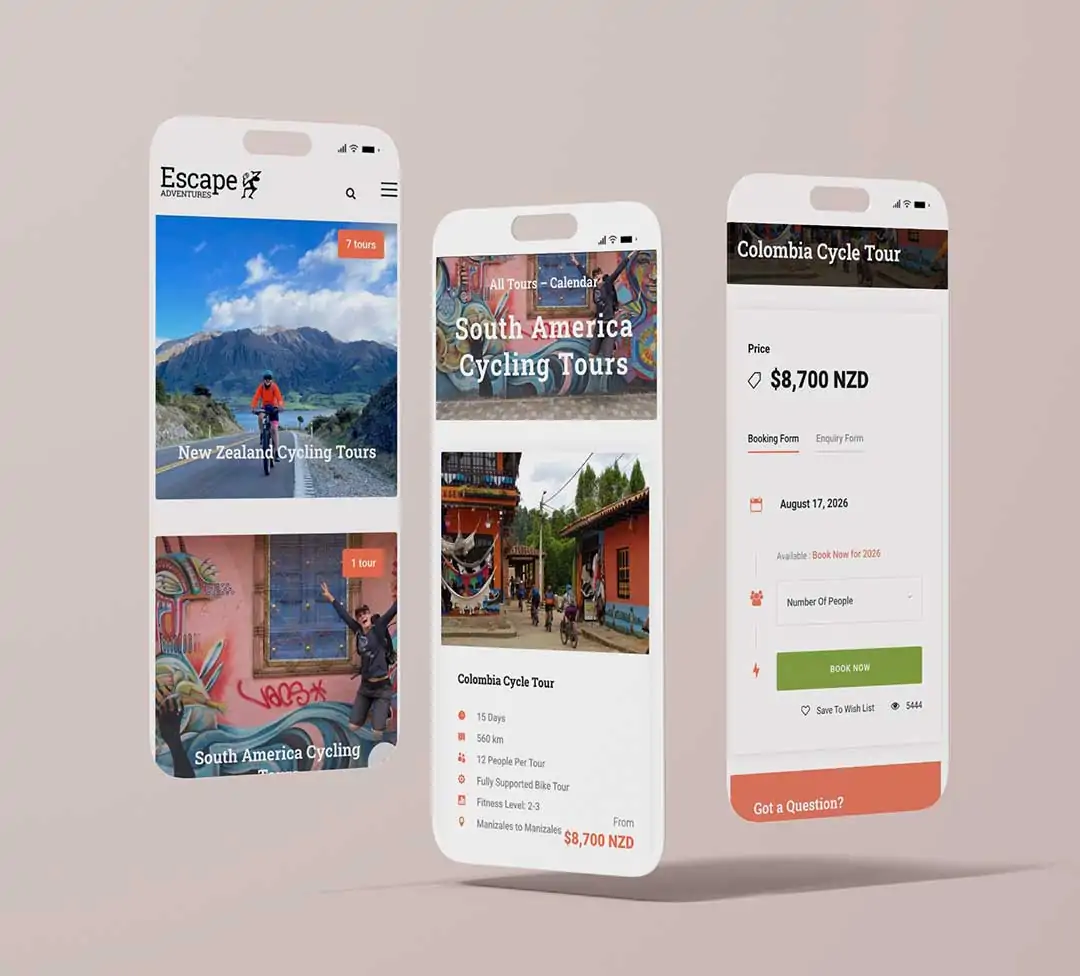three floating mobile phone screens showcasing tourism booking CMS and webpage design for Ecommerce Development