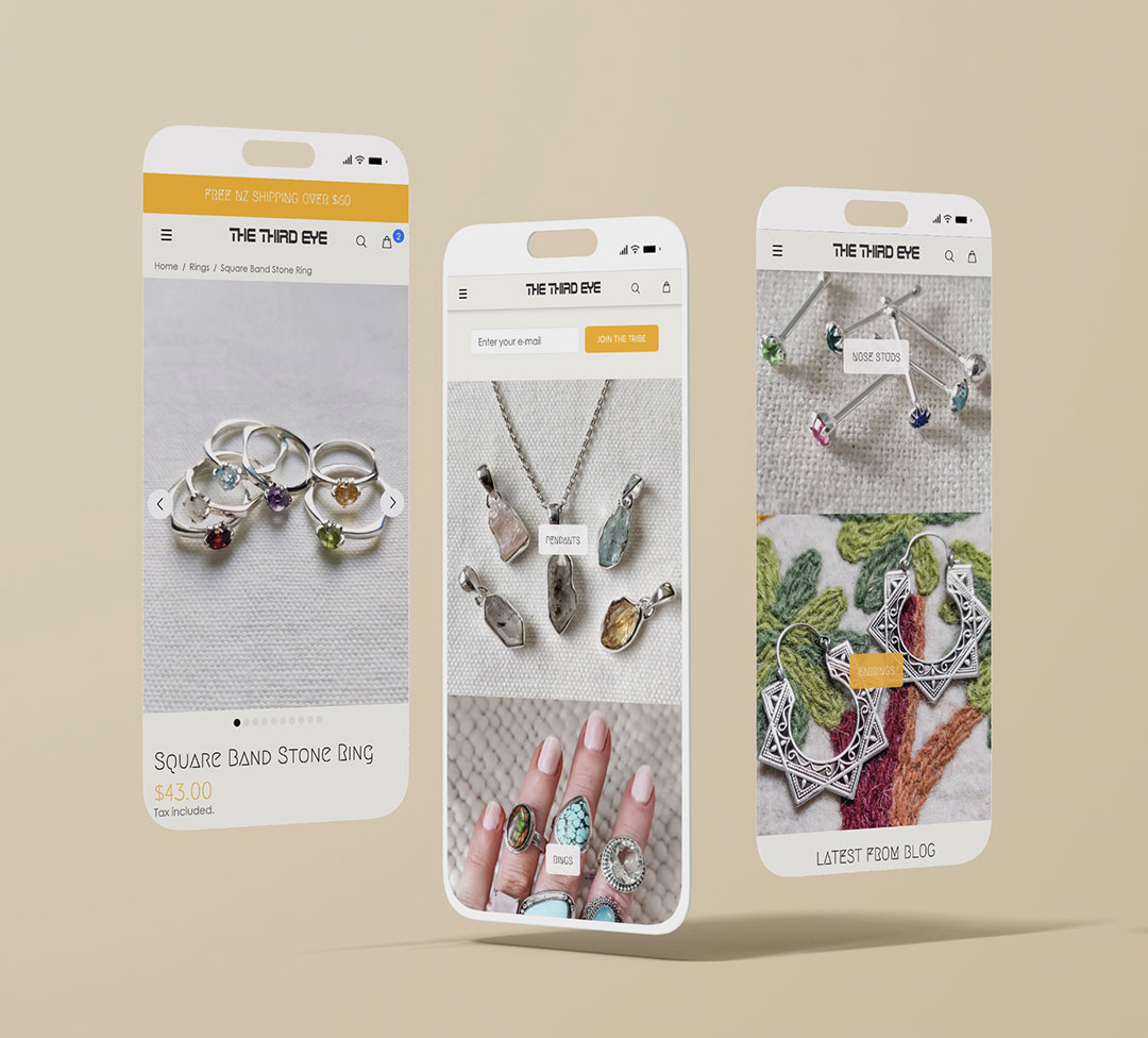 3 mobile screens showing layout of shopify design and Ecommerce development to sell jewellery and fashion clothing