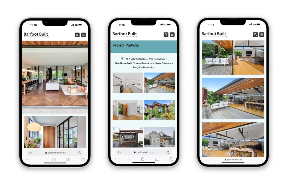 Wordpress Development website design presented on 3 mobile phone screens for work portfolio by totally digital marketing agency auckland New Zealand for local house renovator builder construction company