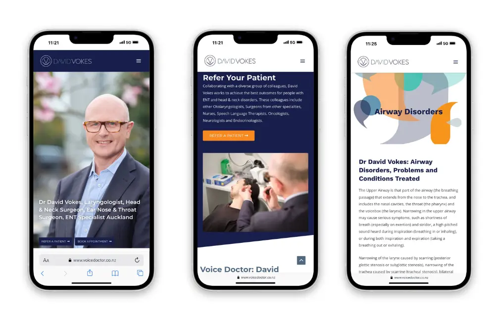 Wordpress Development web design presented on 3 mobile phone screens for work portfolio by totally digital marketing agency auckland New Zealand for local surgeon ENT health industry