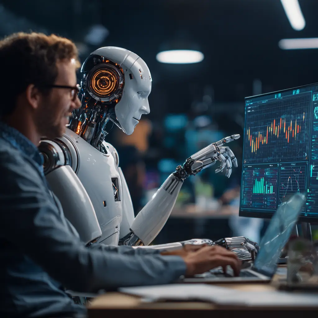 Midjourney prompt, an ai robot and GEO AI Search business person at Totally Digital NZ working together on a digital screen with marketing graphs, data analytics, and AEO data in a modern office space. the business person is sitting at their desk using a laptop while smiling at the robotic figure in front of them, pointing a finger towards the screen displaying charts. dark background with aqua and International Orange highlights