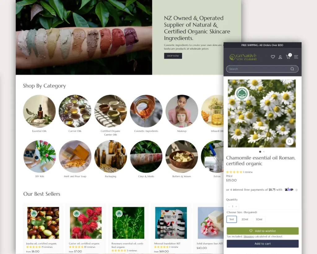 website pages showing new user experience of Shopify migration development for New Zealand body and skincare online store responsive and mobile by Totally Digital Agency Auckland