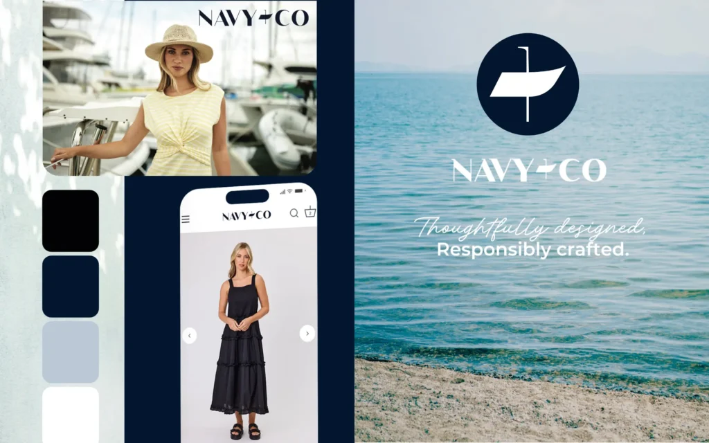 totally digital content marketing mood board presentation showing logo, brand colours, woman wearing fashion brand