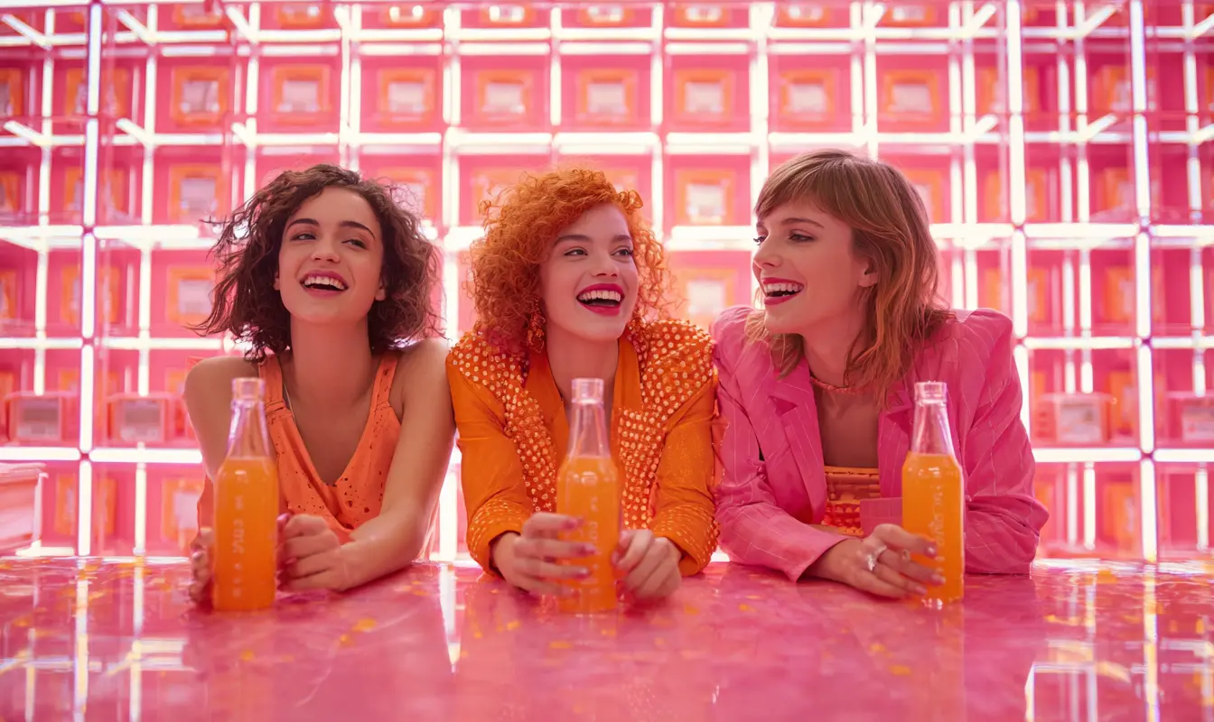 content marketing AI midjourny creative highly vibrant 3 laughing women in neon room | totally digital marketing agency